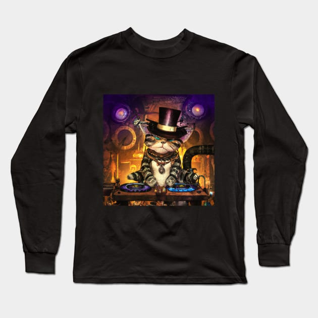 Steampunk DJ Cat #1 Long Sleeve T-Shirt by Philly Tees